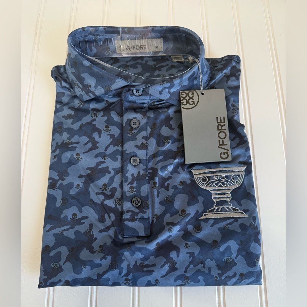 G/Fore Golf Polo Shirt Blue Camo Skulls Trophy Men Medium NEW 1525